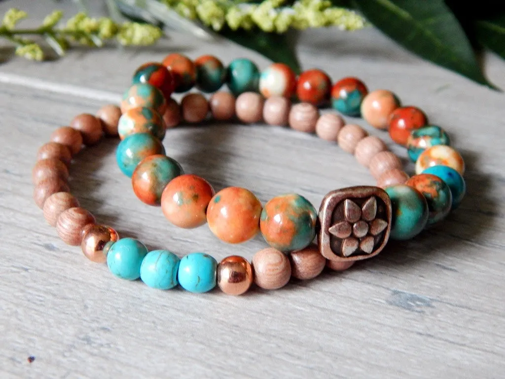 Beaded Bohemian Bracelet Set of 2 in Orange and Blue Tie Dye Tone