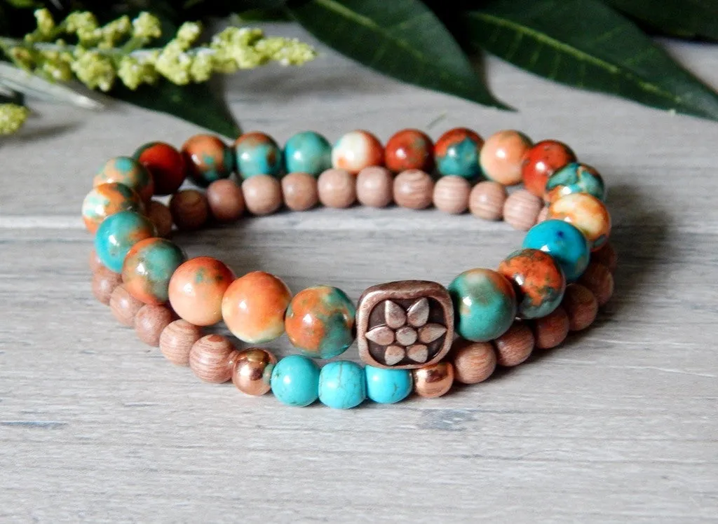 Beaded Bohemian Bracelet Set of 2 in Orange and Blue Tie Dye Tone