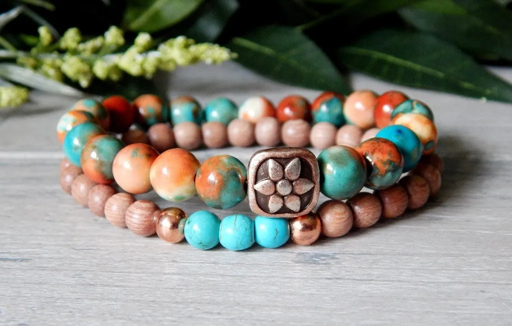 Beaded Bohemian Bracelet Set of 2 in Orange and Blue Tie Dye Tone
