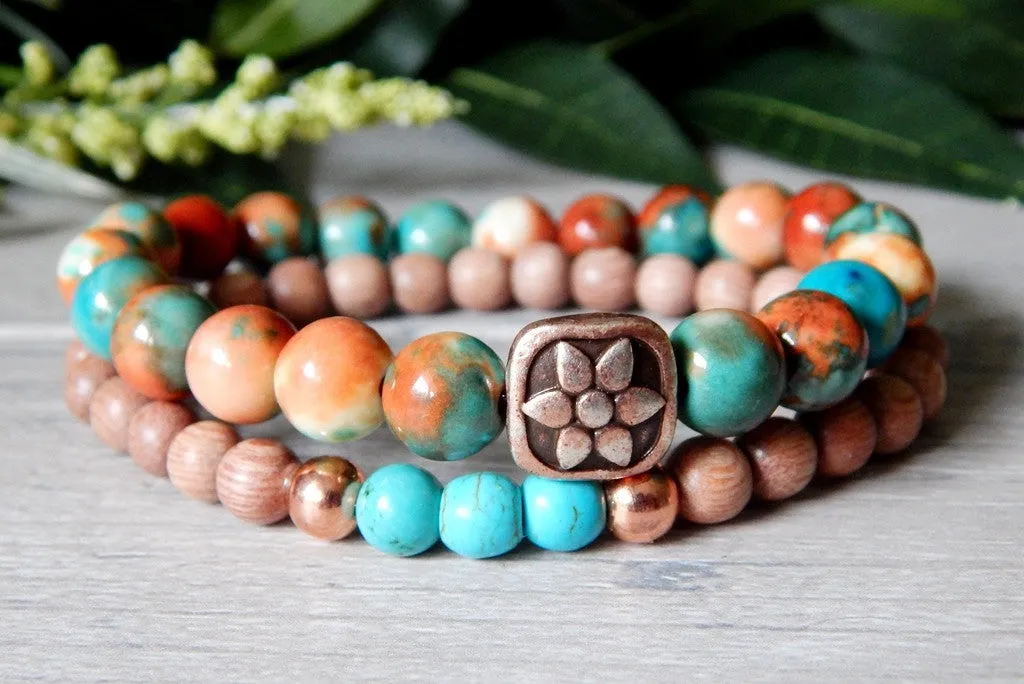 Beaded Bohemian Bracelet Set of 2 in Orange and Blue Tie Dye Tone