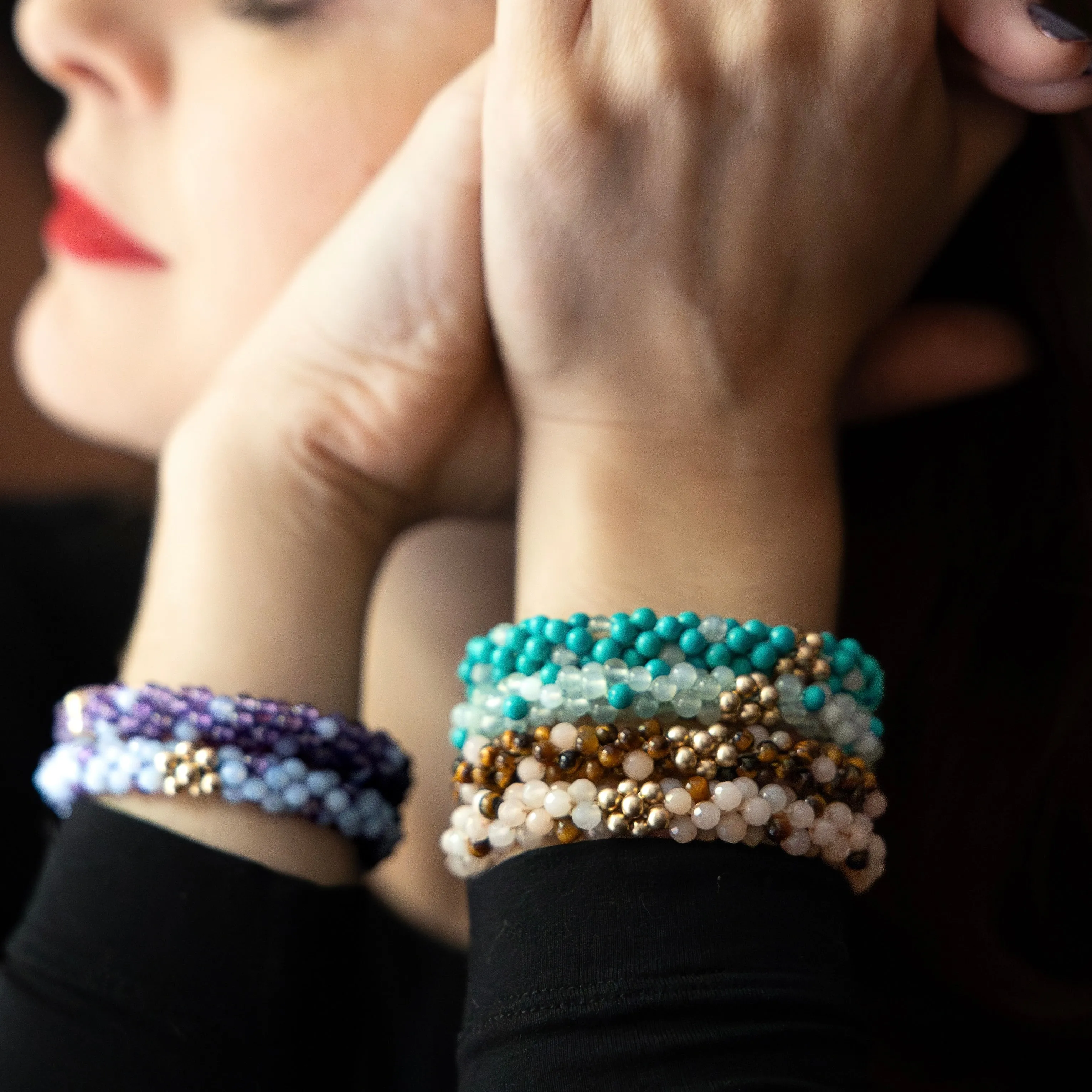 Beaded Gemstone Bracelets: Brown Polka Dots