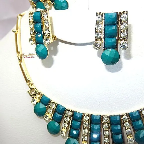 Beautiful Gold Plated Turquiose Green Wedding Party Necklace Earring Jewelry Set