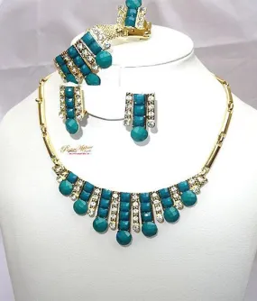 Beautiful Gold Plated Turquiose Green Wedding Party Necklace Earring Jewelry Set
