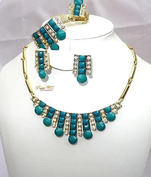 Beautiful Gold Plated Turquiose Green Wedding Party Necklace Earring Jewelry Set