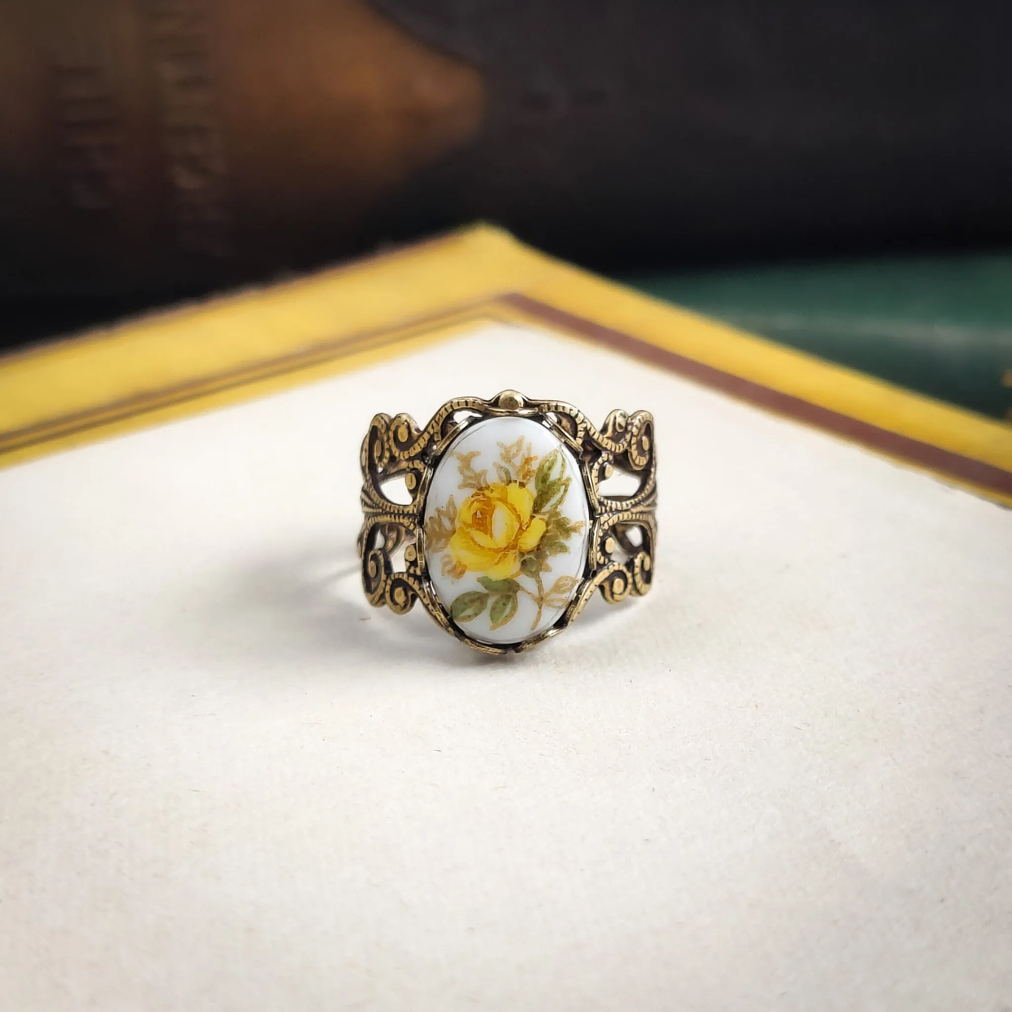 Blue Rose Cameo Ring on Vintage Style Filigree Adjustable Ring in Silver or Brass Choose from Pink, Blue, or Yellow