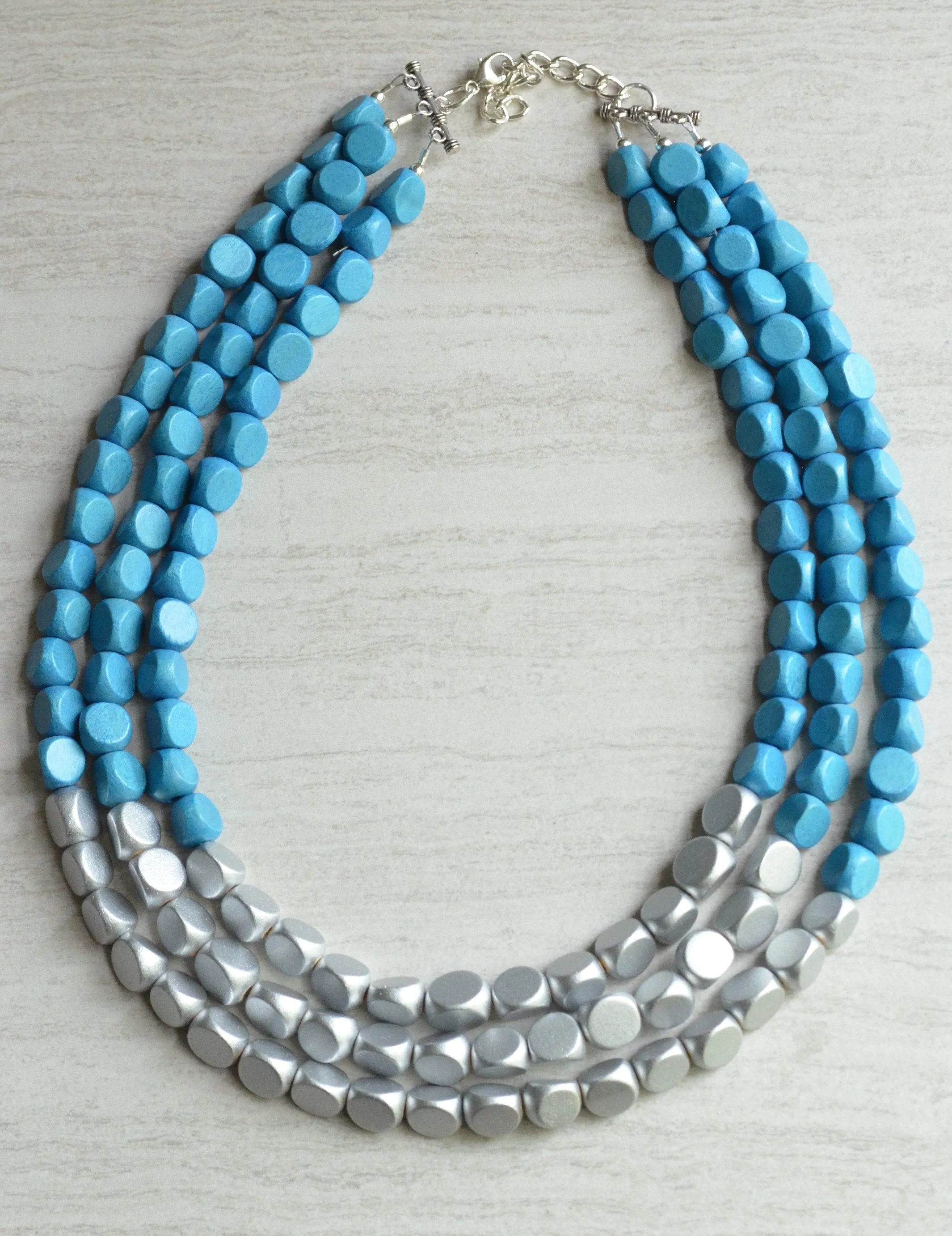Blue Silver Wood Bead Chunky Multi Strand Statement Necklace - Lisa