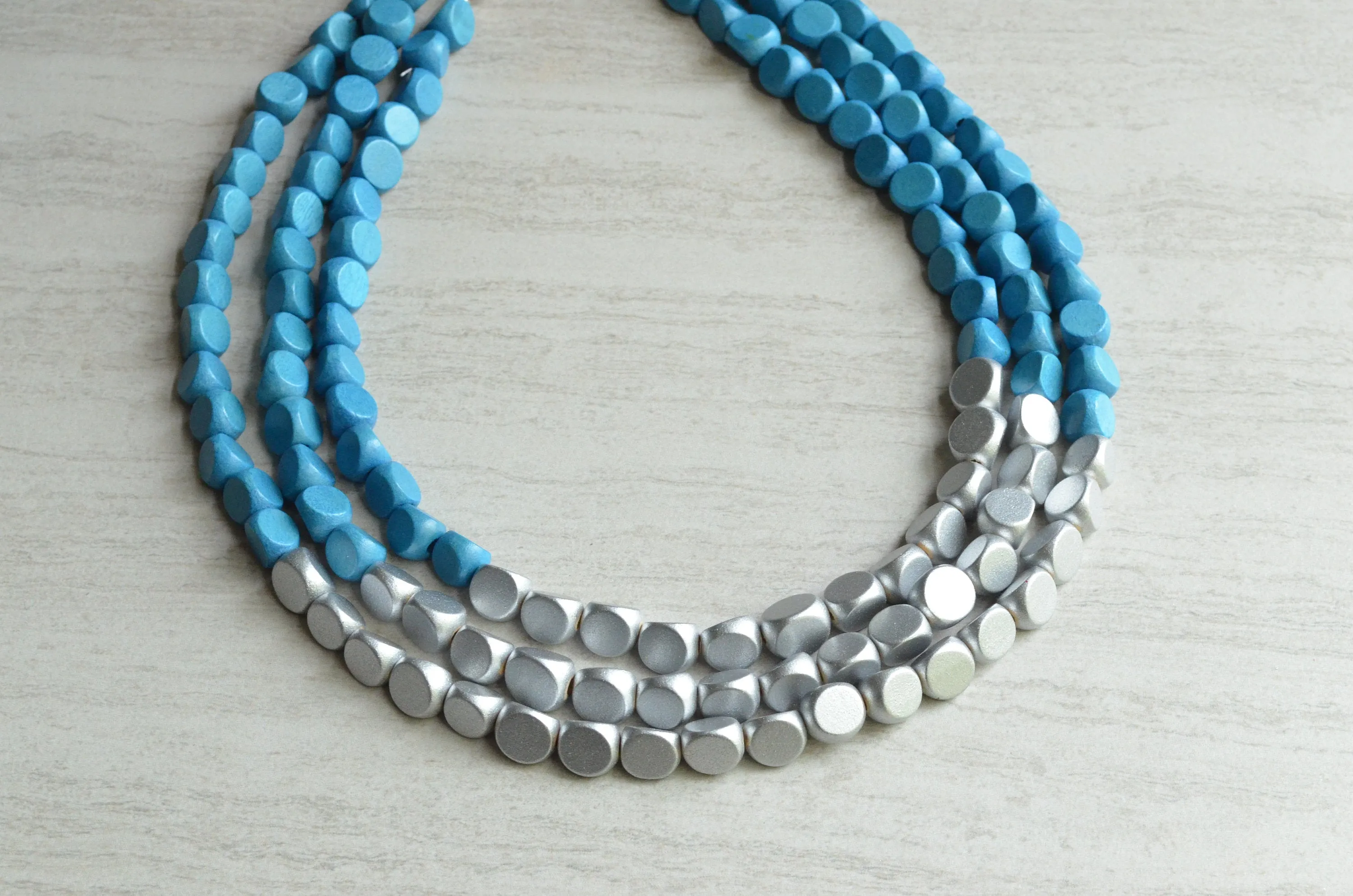 Blue Silver Wood Bead Chunky Multi Strand Statement Necklace - Lisa