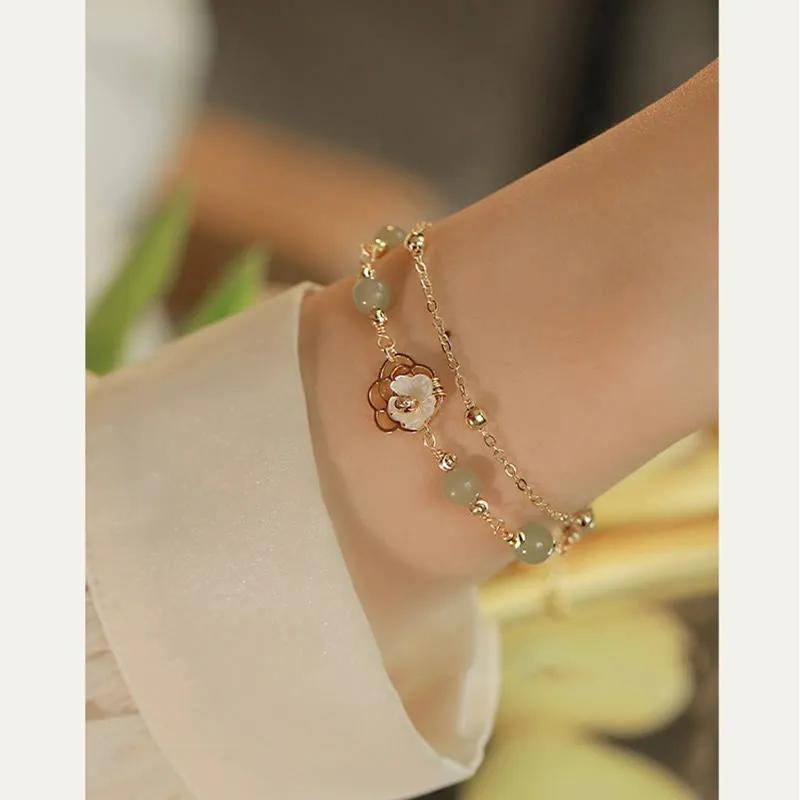 Buddha Stones 14K Gold Plated Jade Butterfly Tridacna Stone Flower Double Layer Luck Bracelet