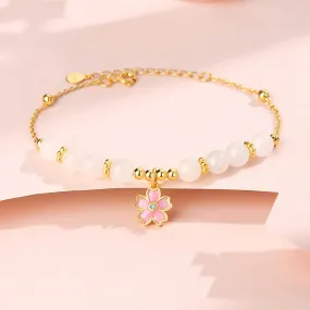 Buddha Stones 925 Sterling Silver Hetian White Jade Cherry Blossom Protection Bracelet