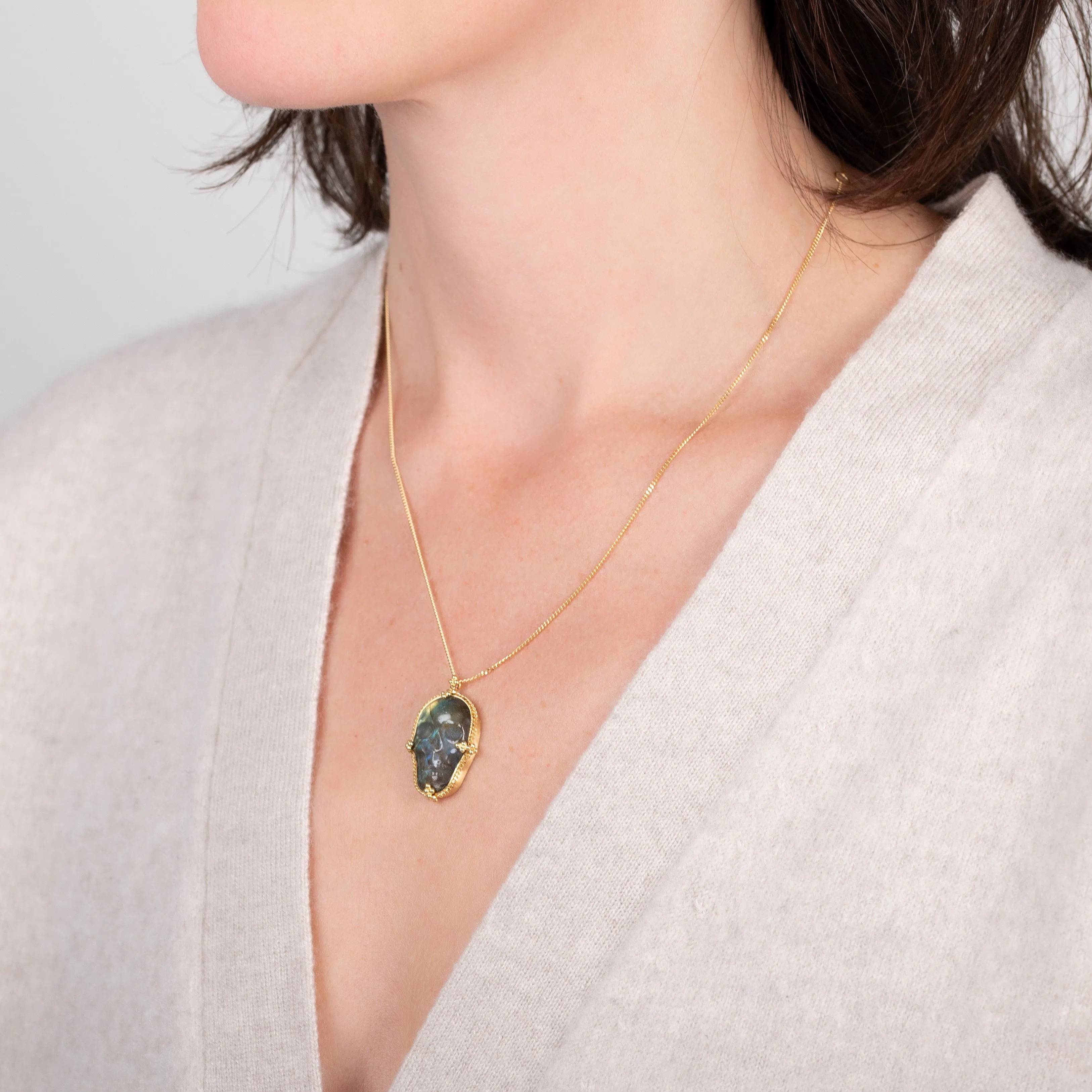 Carved Labradorite Skull Necklace