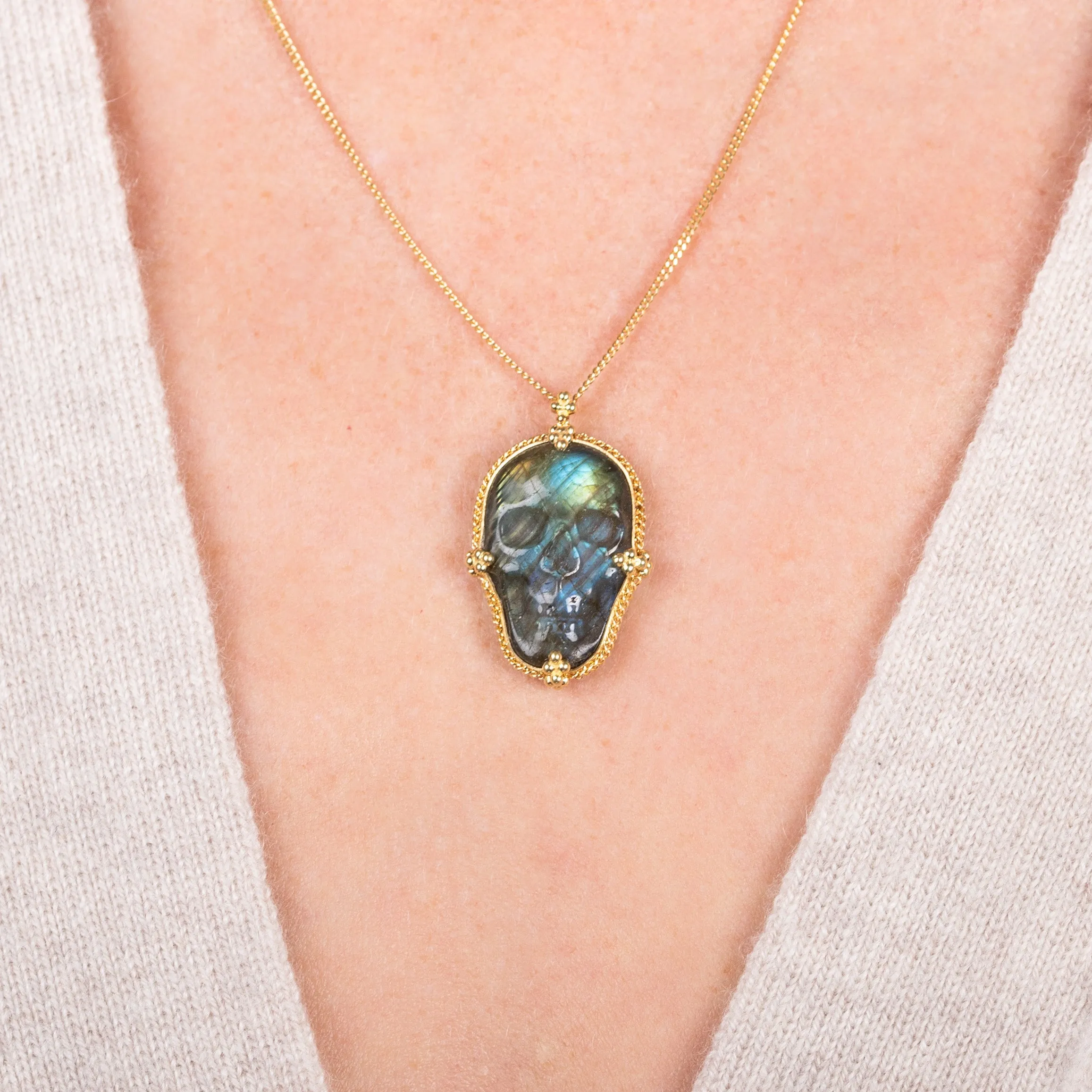 Carved Labradorite Skull Necklace
