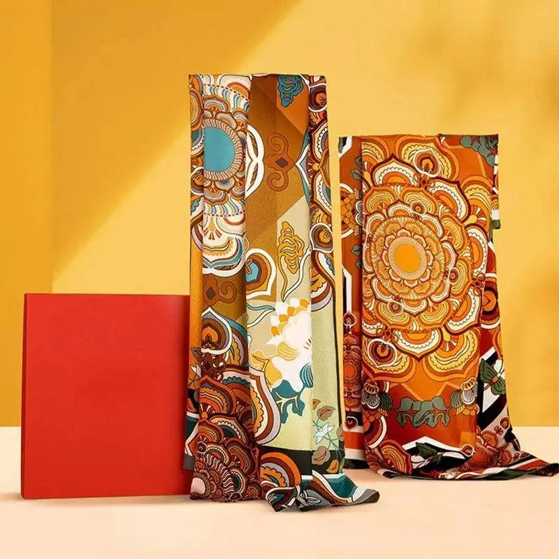 Chinese Style Silk Square Scarf Lotus Design 65 x 65 cm & 88 x 88 cm