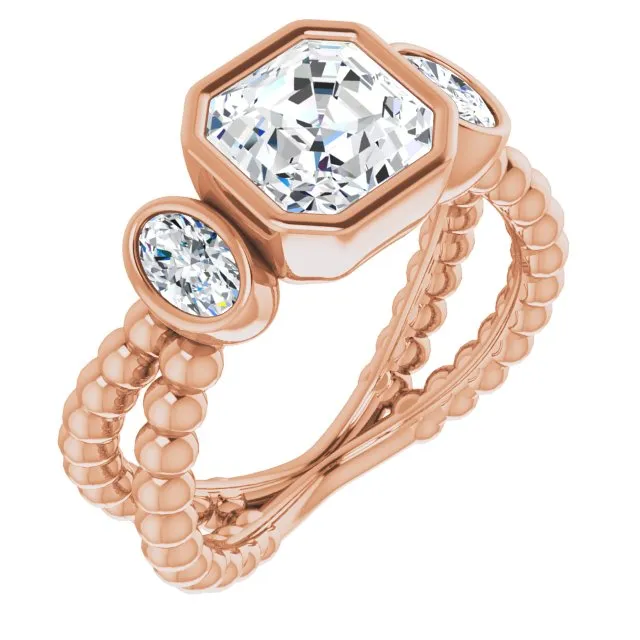 Cubic Zirconia Engagement Ring- The a'Malisa (Customizable 3-stone Asscher Cut Design with 2 Oval Cut Side Stones and Wide, Bubble-Bead Split-Band)