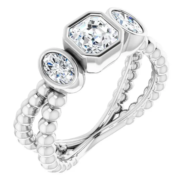 Cubic Zirconia Engagement Ring- The a'Malisa (Customizable 3-stone Asscher Cut Design with 2 Oval Cut Side Stones and Wide, Bubble-Bead Split-Band)
