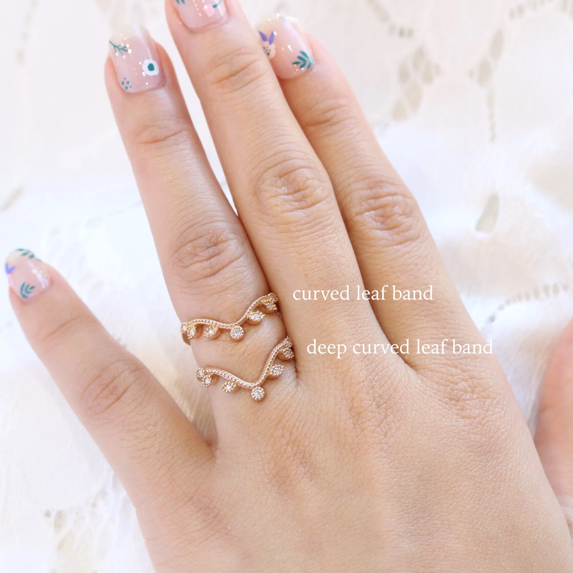 Curved Leaf Diamond Wedding Ring in Deep U Shaped Milgrain Band