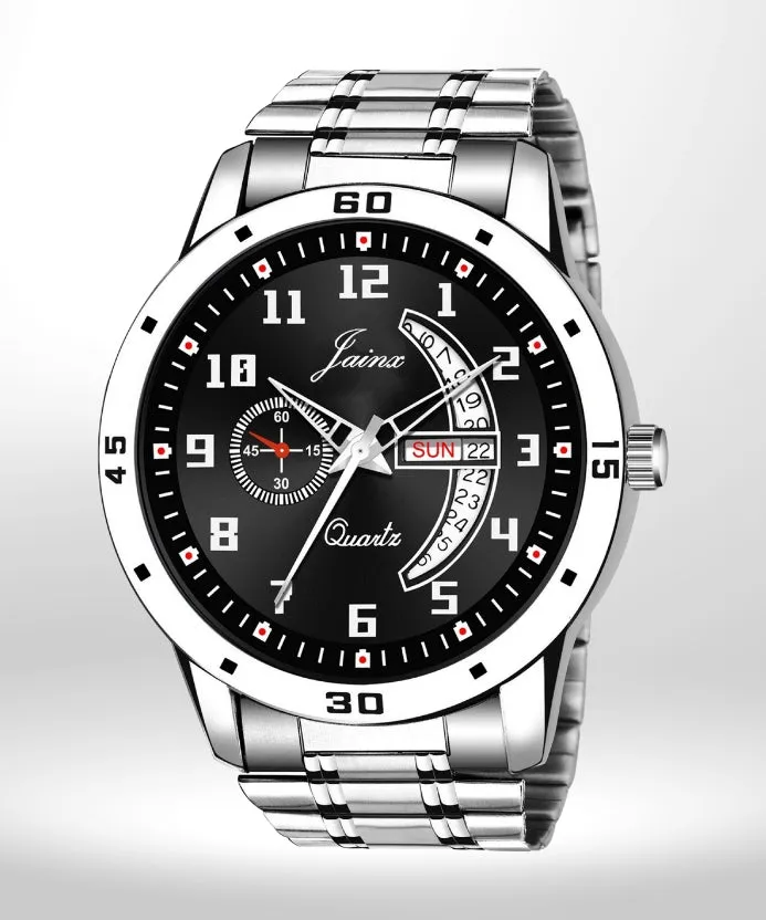 Day & Date Function Black Dial Steel Chain Analog Watch For Men - JM7175