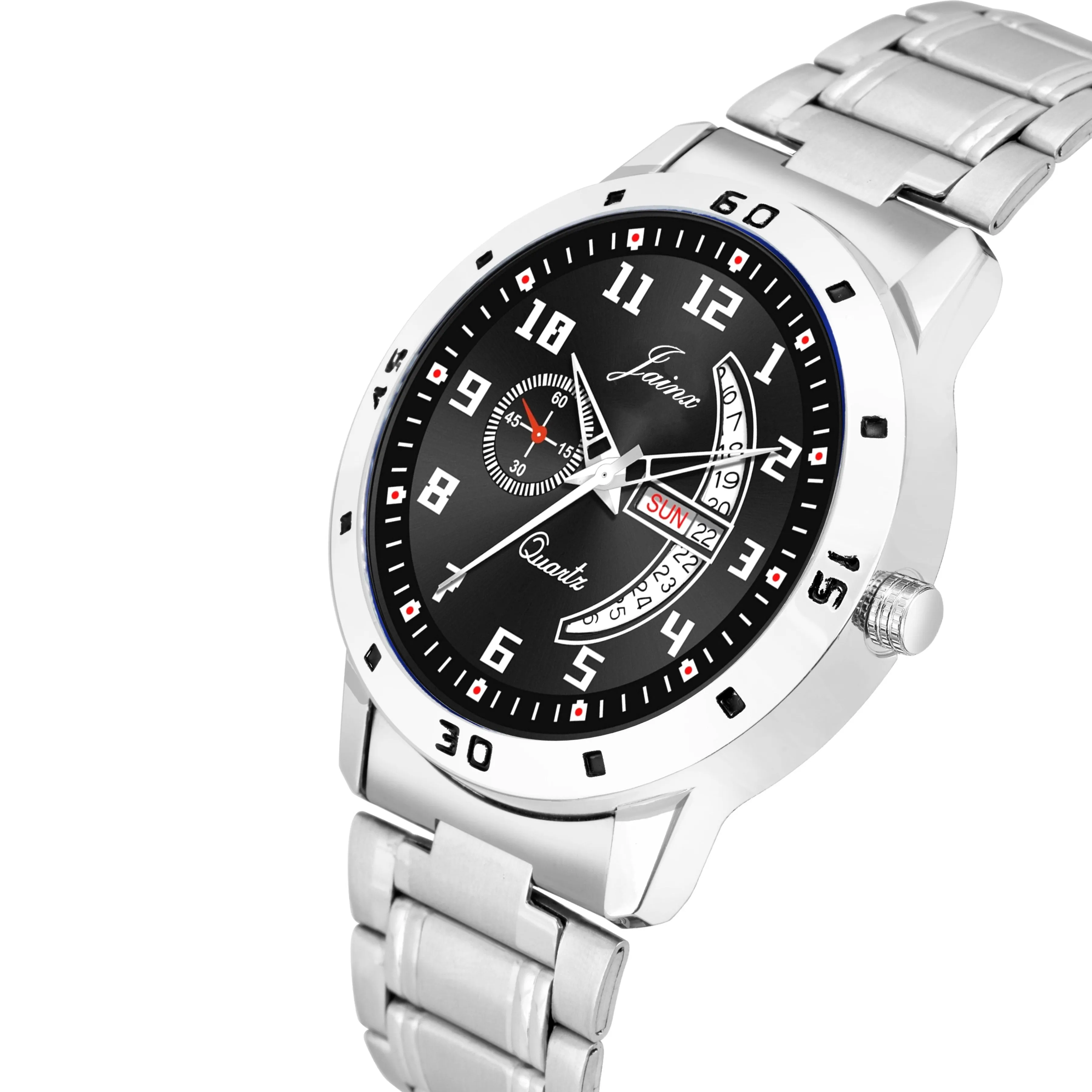 Day & Date Function Black Dial Steel Chain Analog Watch For Men - JM7175