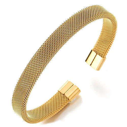Elastic Adjustable Gold Stainless Steel Mesh Cable Bangle Bracelet for Men Women