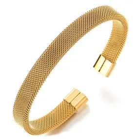 Elastic Adjustable Gold Stainless Steel Mesh Cable Bangle Bracelet for Men Women