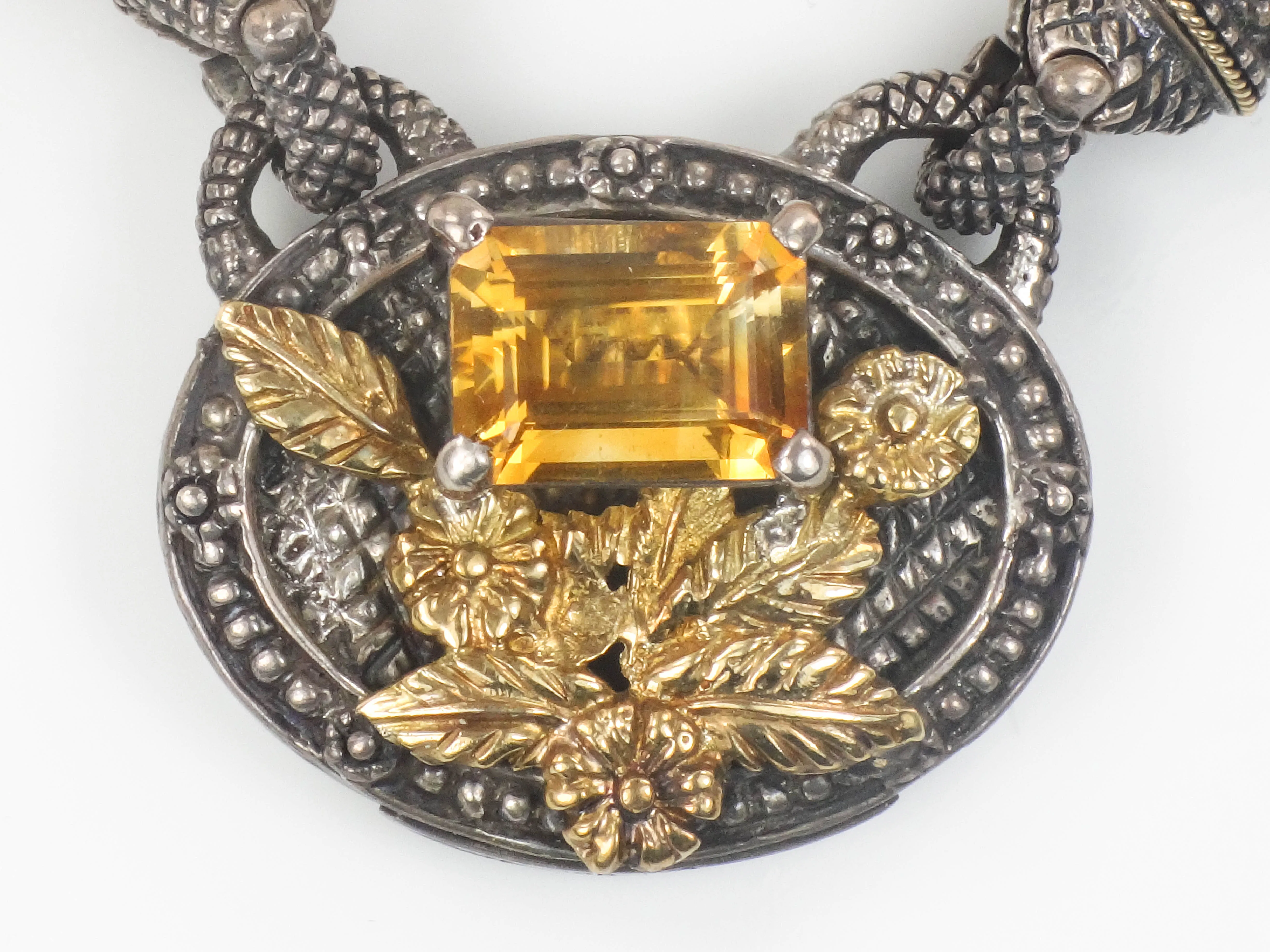Estate 18k Gold and Sterling Silver Multi-Strand Citrine Necklace with Floral Design and Removable Pendant 19" Designer Signed