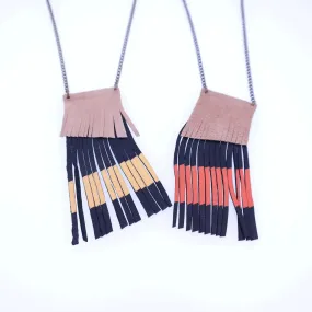 Geometric Leather Fringe Necklace - Coral Red / Nude