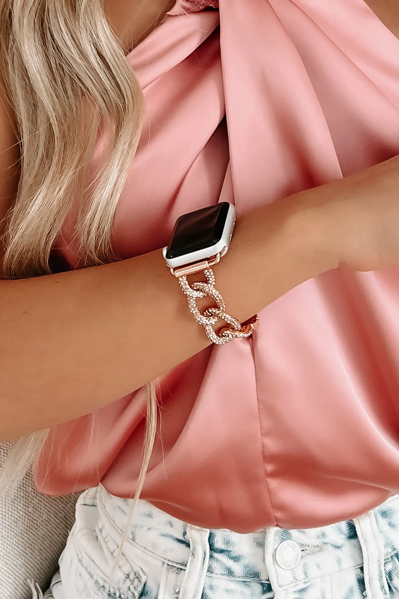 Glamour Hour Rhinestone Chain Apple Watch Band (Gold)