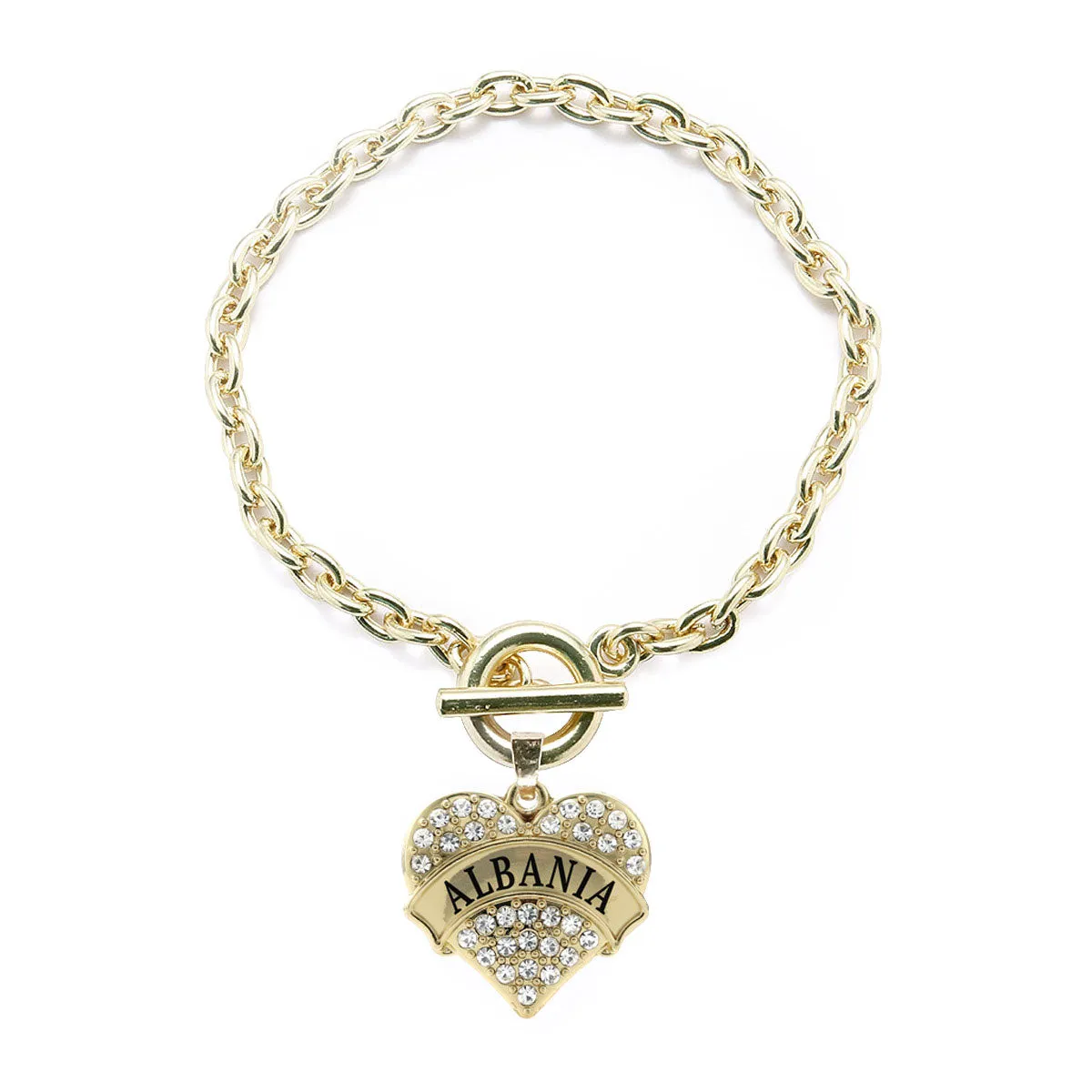 Gold Albania Pave Heart Charm Toggle Bracelet