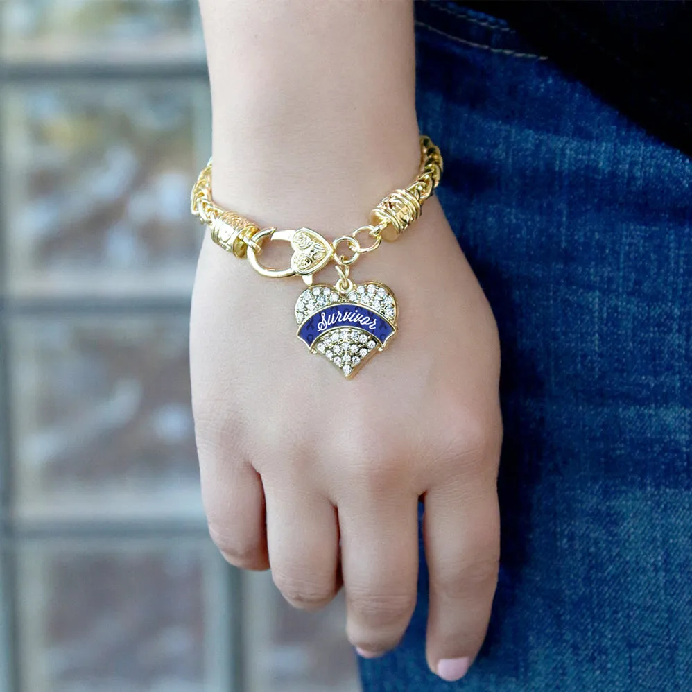 Gold Blue Survivor Pave Heart Charm Braided Bracelet