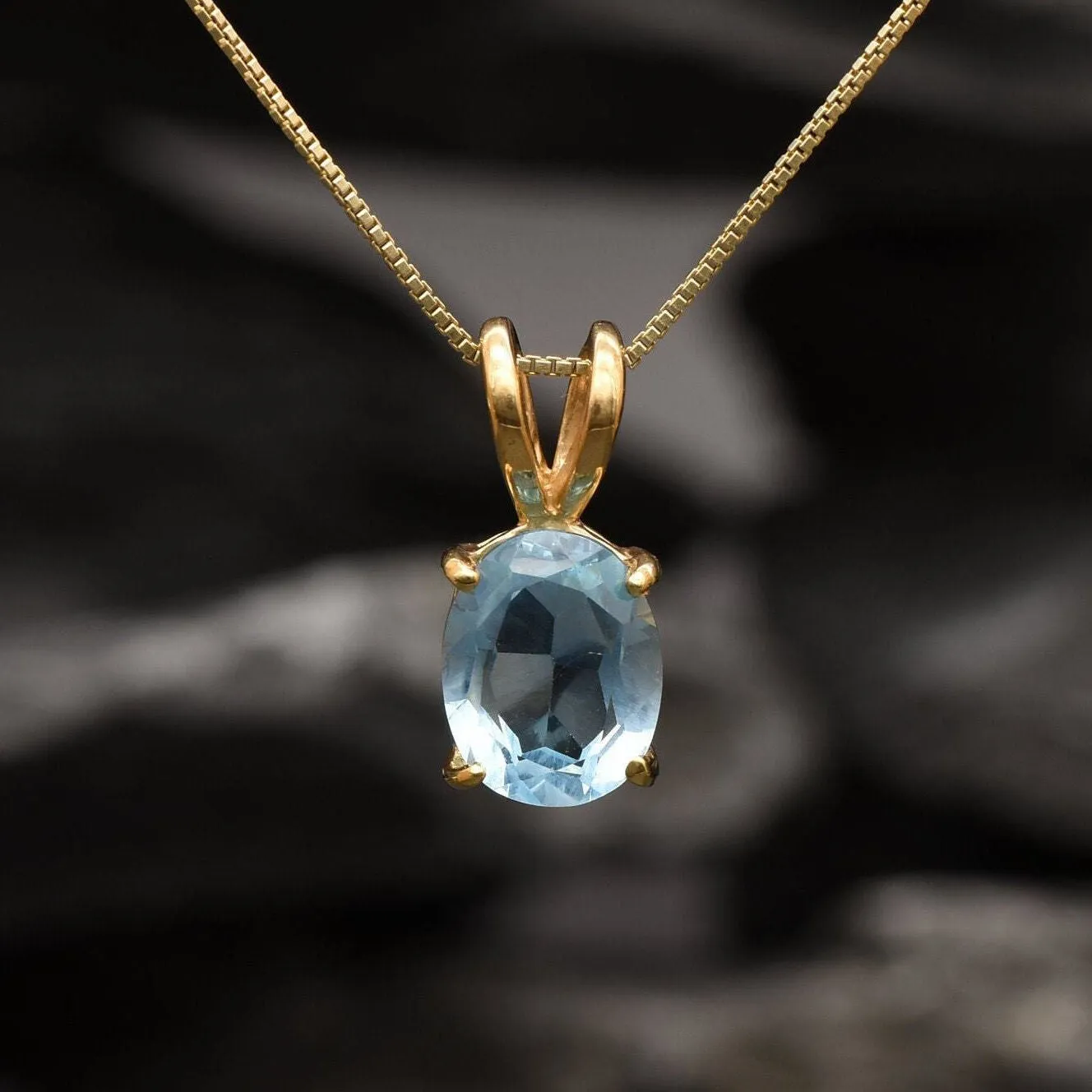 Gold Blue Topaz Necklace - Natural Blue Topaz Pendant, Oval Topaz Necklace