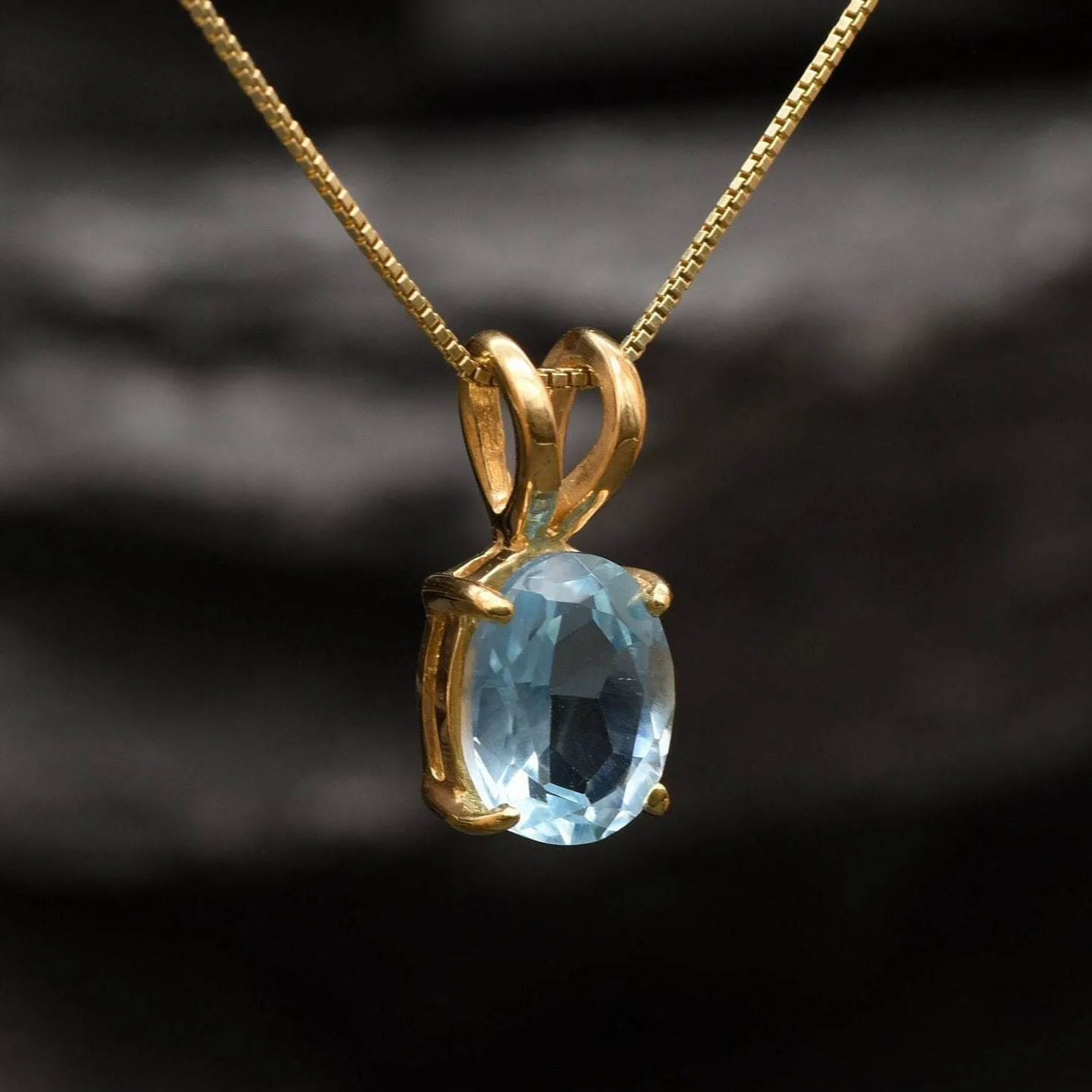 Gold Blue Topaz Necklace - Natural Blue Topaz Pendant, Oval Topaz Necklace