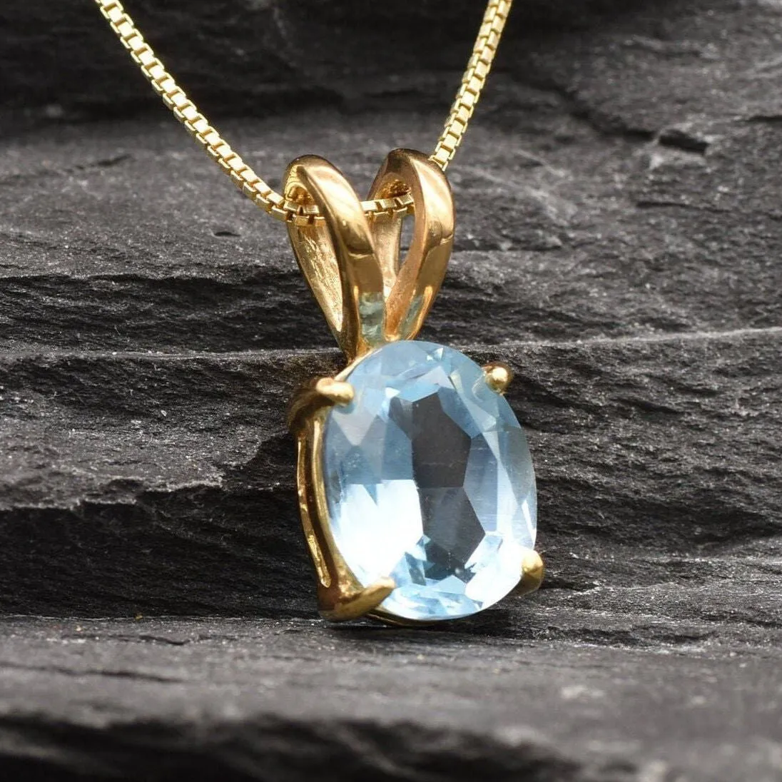 Gold Blue Topaz Necklace - Natural Blue Topaz Pendant, Oval Topaz Necklace