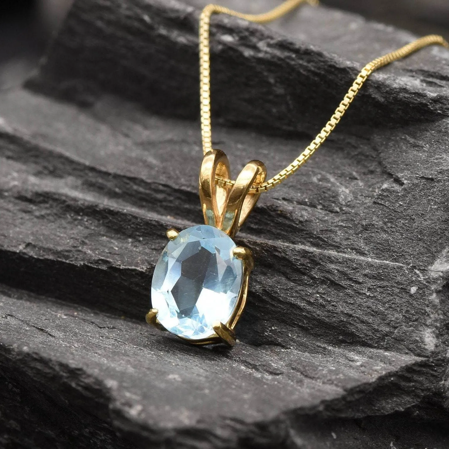 Gold Blue Topaz Necklace - Natural Blue Topaz Pendant, Oval Topaz Necklace
