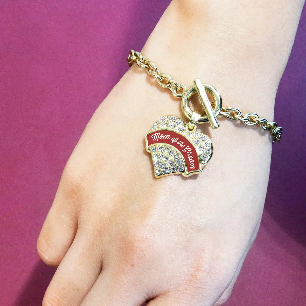 Gold Crimson Red Mom of the Groom Pave Heart Charm Toggle Bracelet