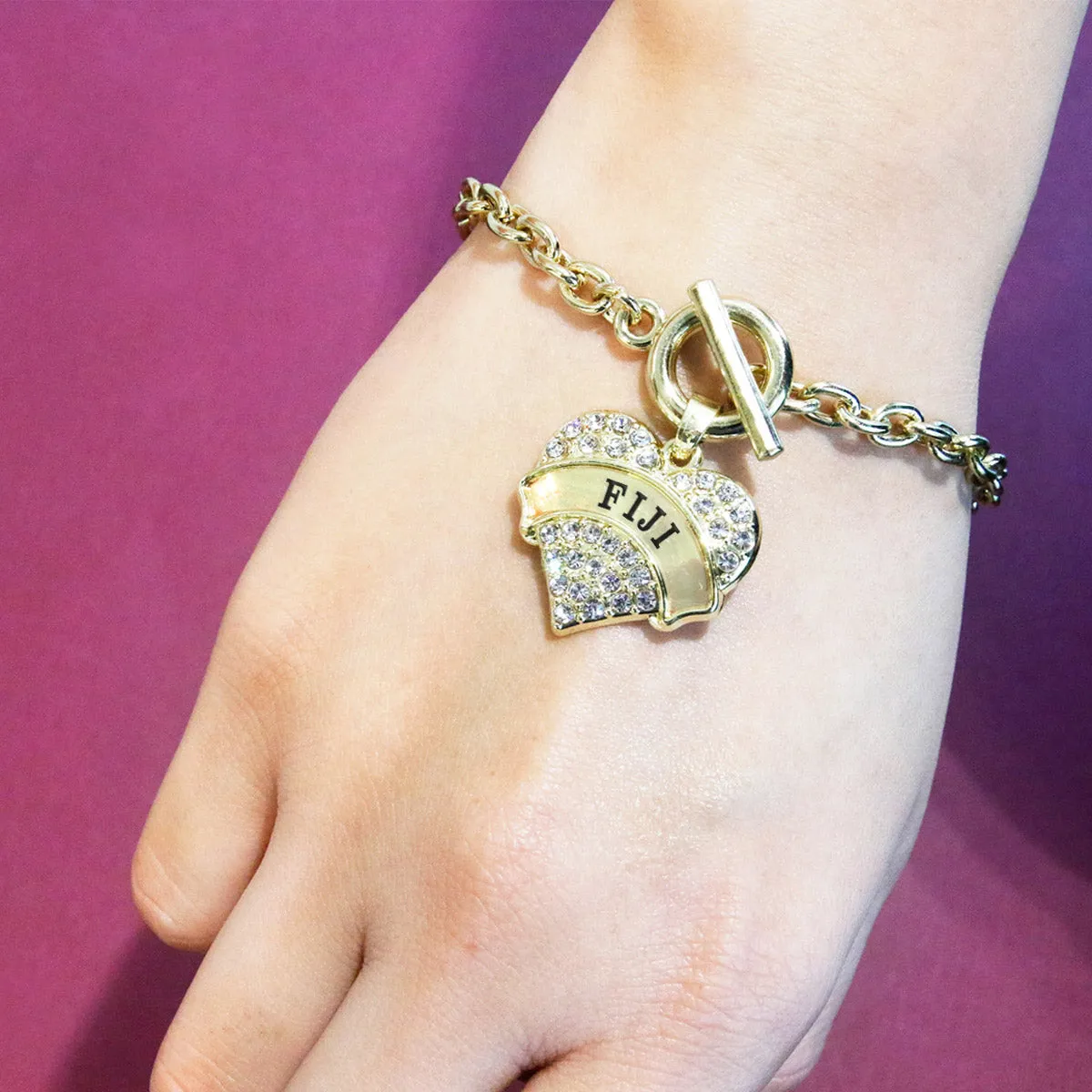 Gold Fiji Pave Heart Charm Toggle Bracelet