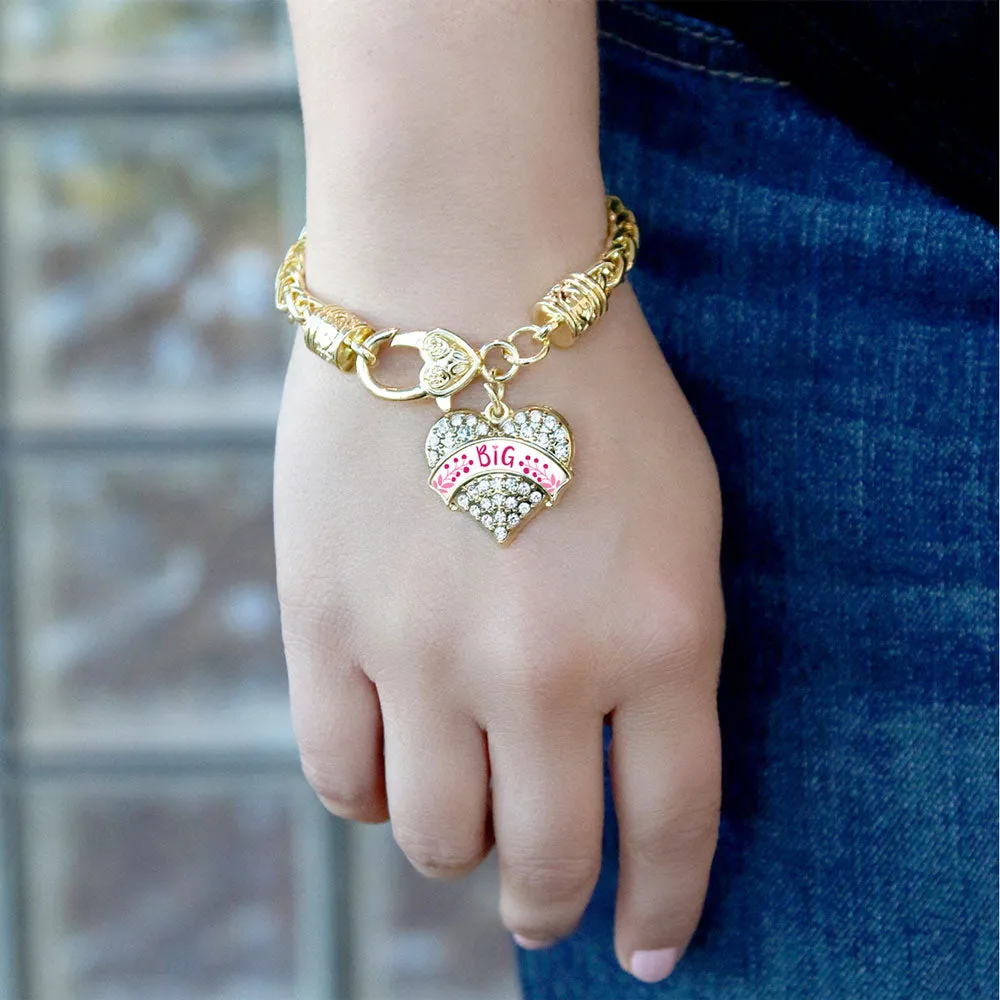 Gold Fuchsia and Rose Big Pave Heart Charm Braided Bracelet