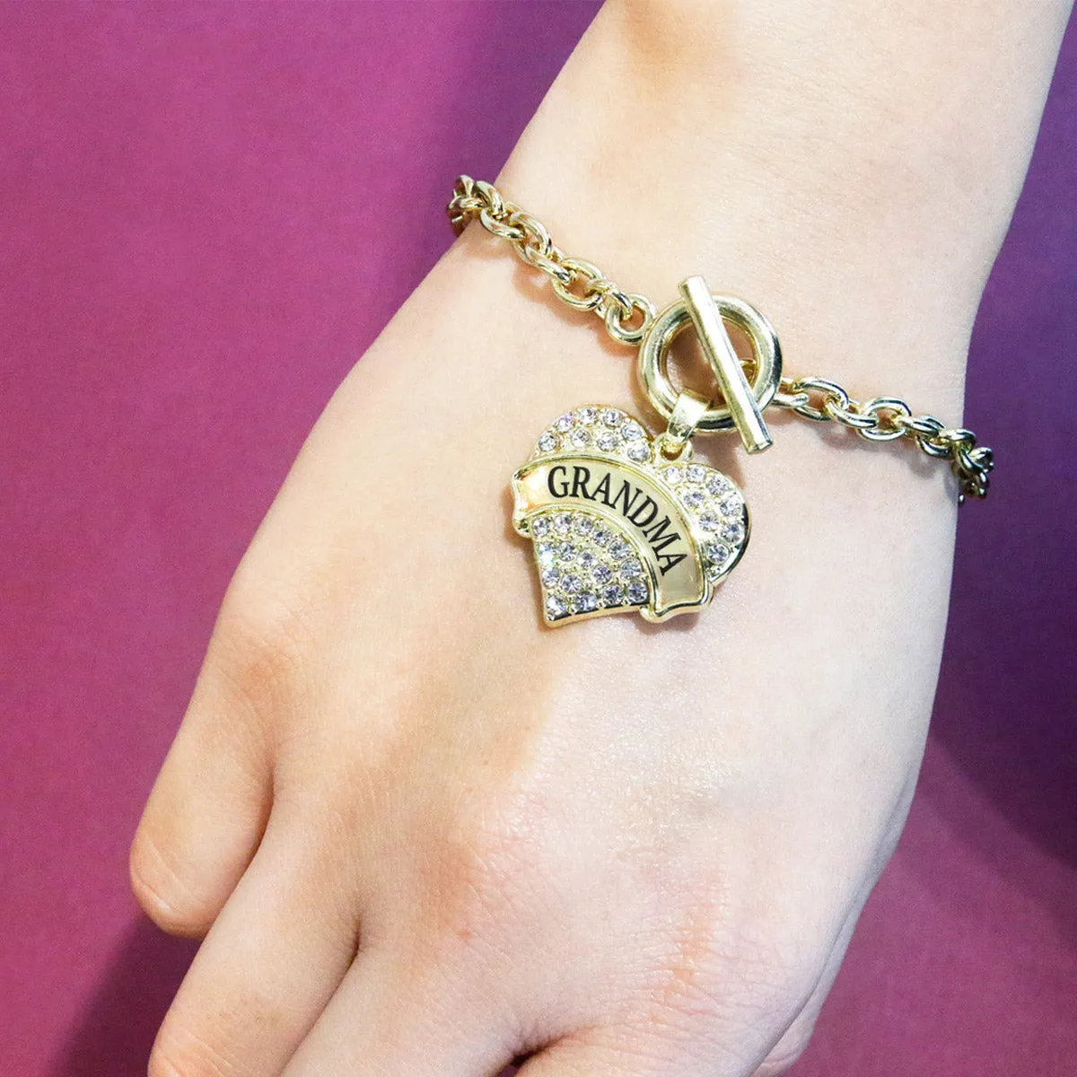 Gold Grandma Pave Heart Charm Toggle Bracelet