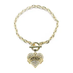Gold Italy Pave Heart Charm Toggle Bracelet