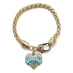 Gold Light Blue Ribbon Support Pave Heart Charm Braided Bracelet