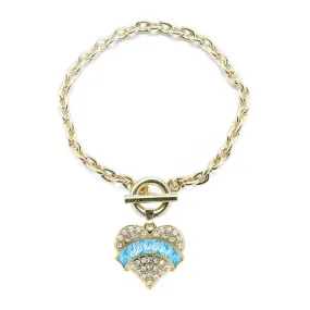 Gold Light Blue Survivor Pave Heart Charm Toggle Bracelet