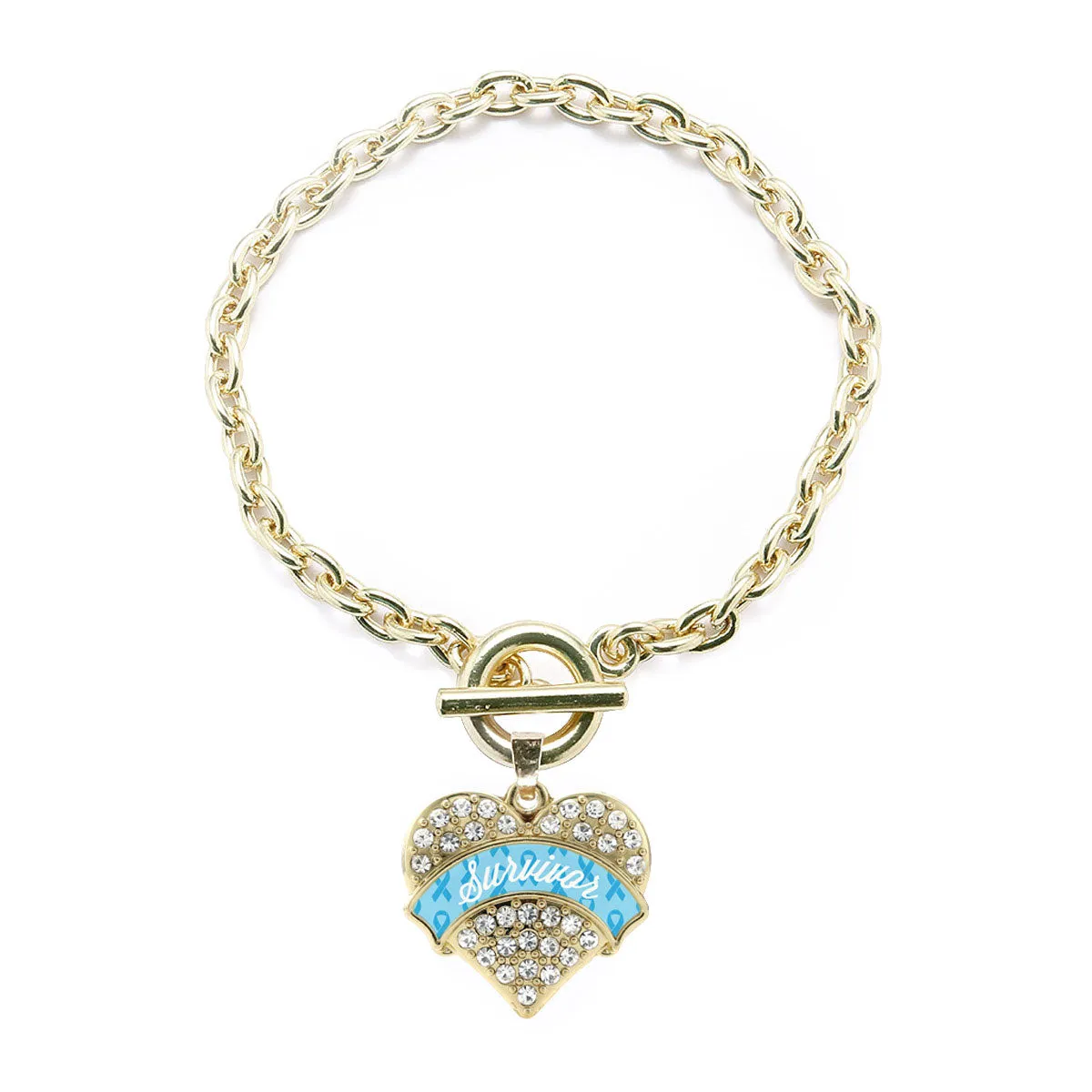 Gold Light Blue Survivor Pave Heart Charm Toggle Bracelet
