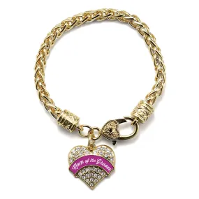 Gold Magenta Mom of Groom Pave Heart Charm Braided Bracelet