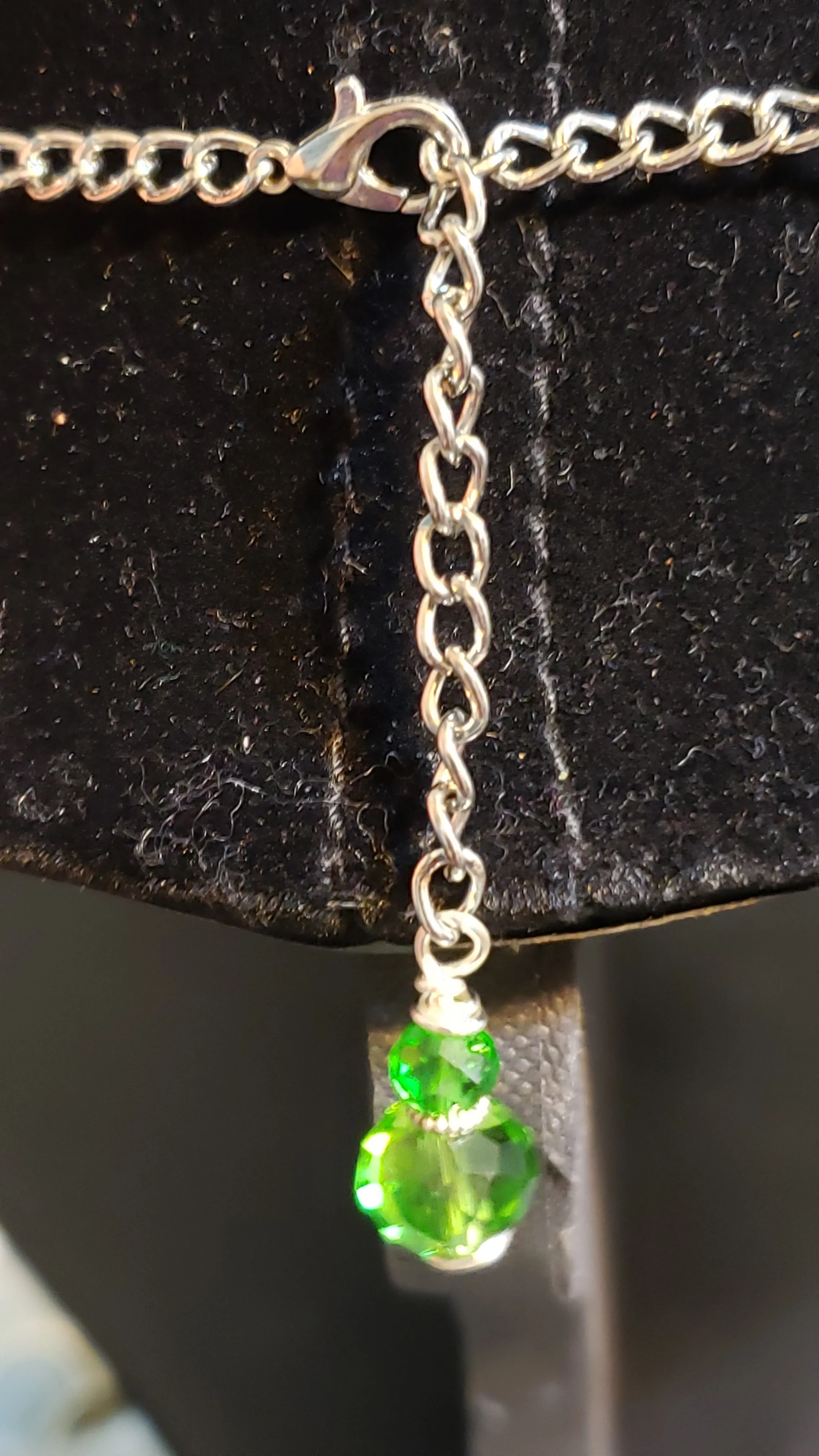 Green Czech Glass & Black Genuine Leather Choker with Silver Plated Shamrock Focal, Adjustable Chain up to 14.5" & Lobster Claw Clasp 
 