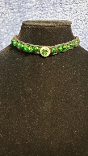Green Czech Glass & Black Genuine Leather Choker with Silver Plated Shamrock Focal, Adjustable Chain up to 14.5" & Lobster Claw Clasp 
 