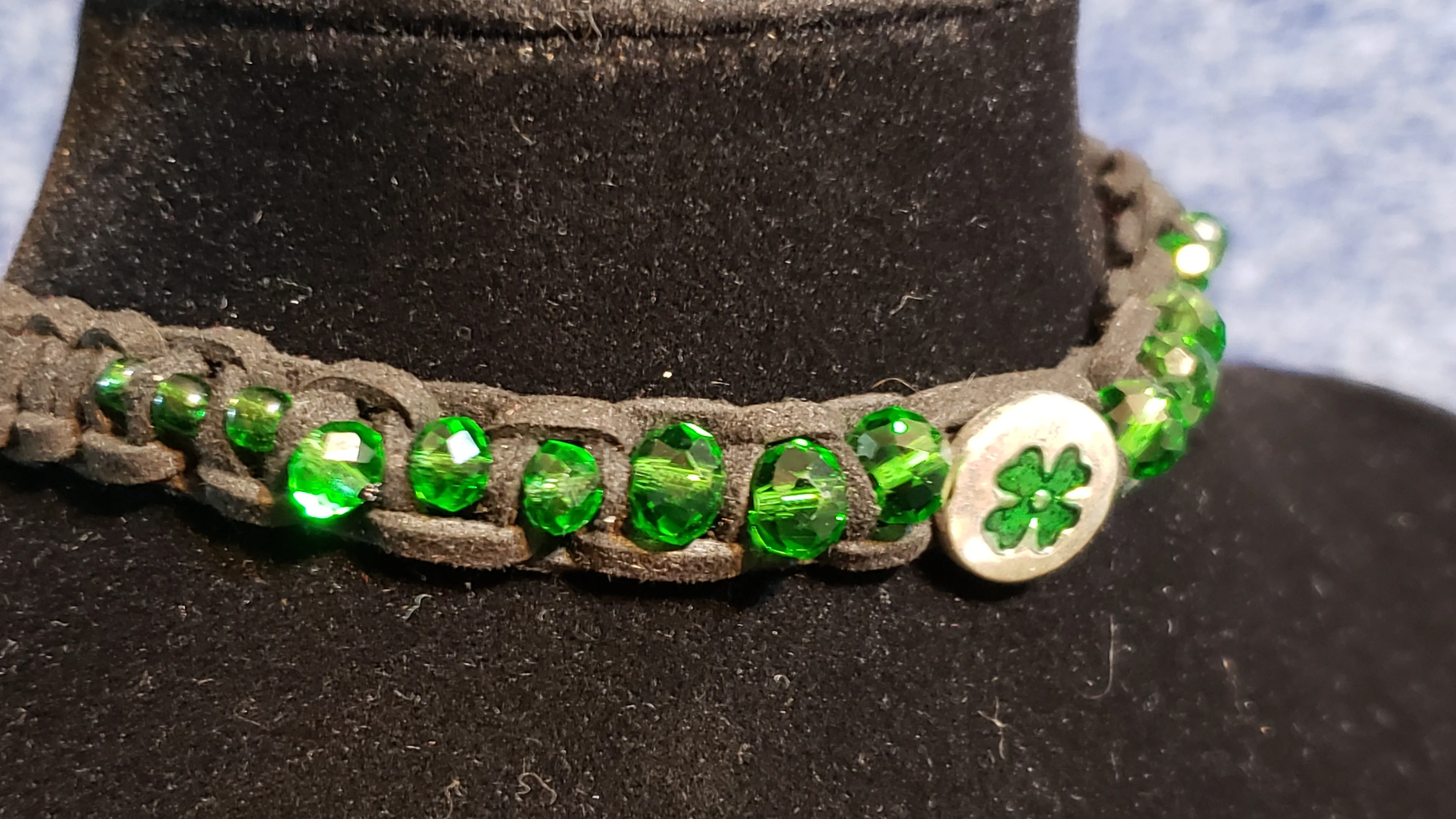 Green Czech Glass & Black Genuine Leather Choker with Silver Plated Shamrock Focal, Adjustable Chain up to 14.5" & Lobster Claw Clasp 
 