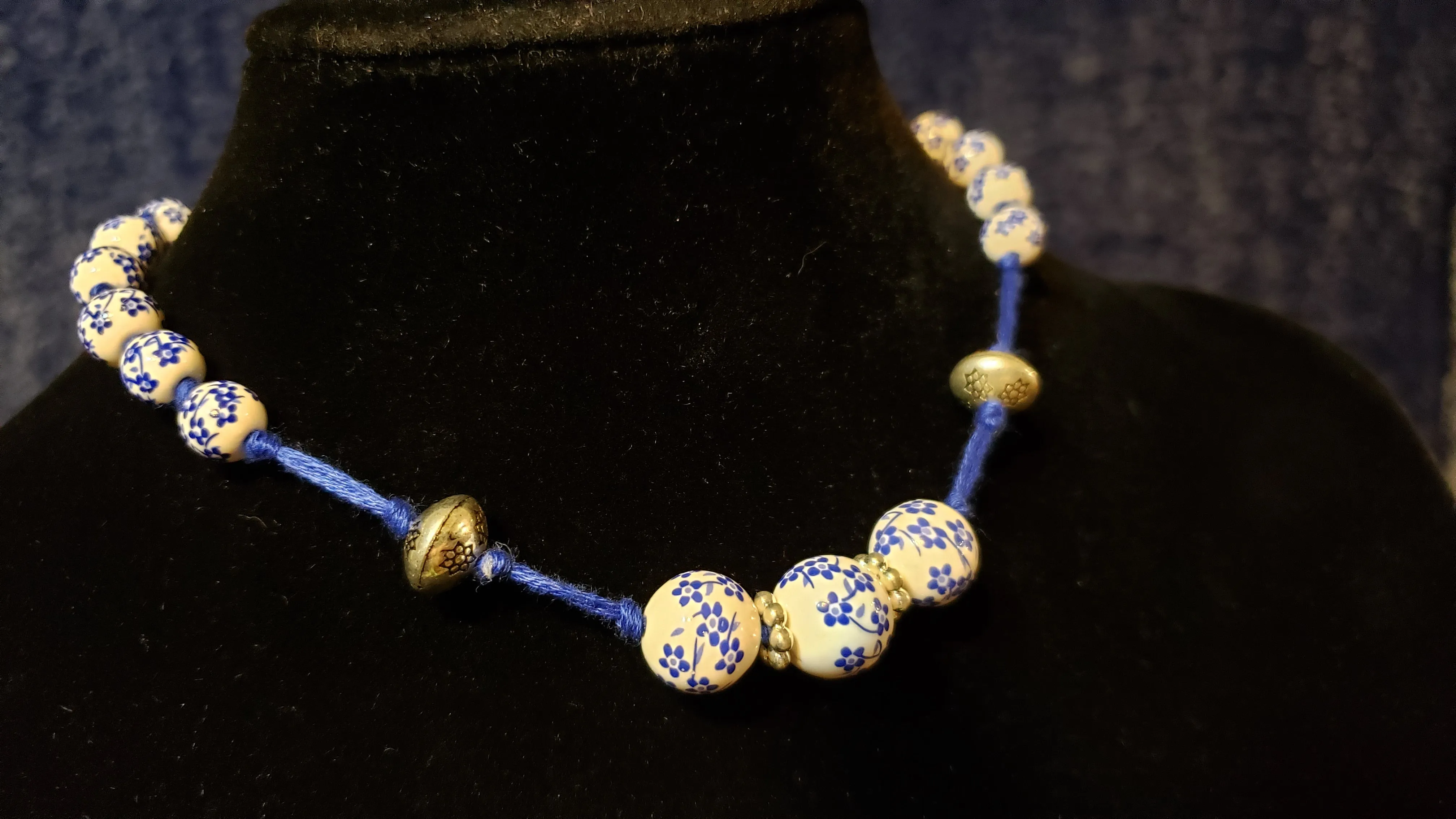 Hand Knotted 100% Blue Cotton Choker Necklace with Ceramic & Silver Accents. Adjustable 13"-15"