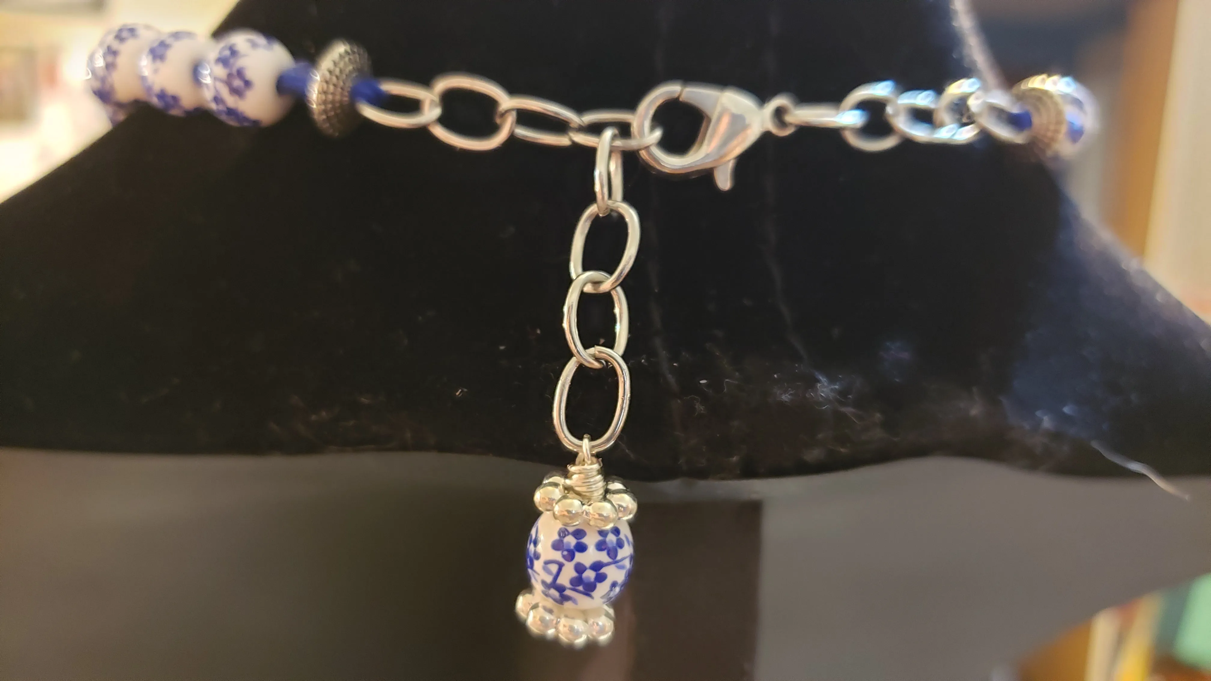 Hand Knotted 100% Blue Cotton Choker Necklace with Ceramic & Silver Accents. Adjustable 13"-15"