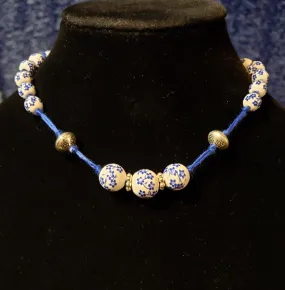Hand Knotted 100% Blue Cotton Choker Necklace with Ceramic & Silver Accents. Adjustable 13"-15"