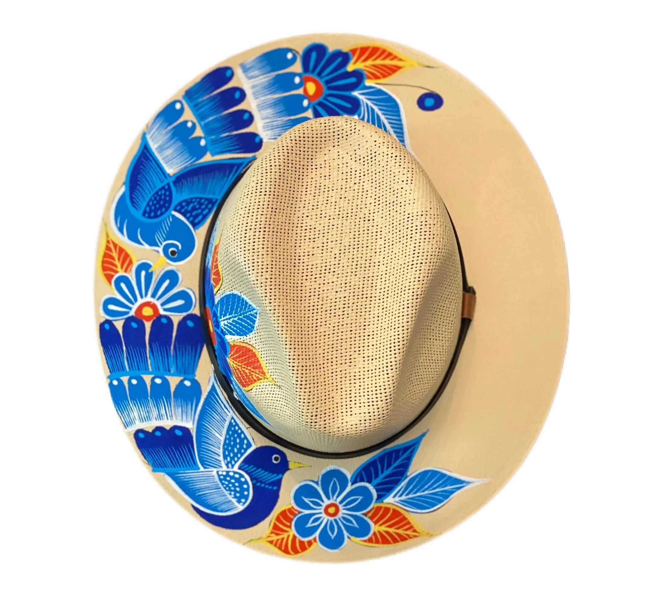 Hand-painted Hat from Mexico- Birds - Straw, Blue, Orange