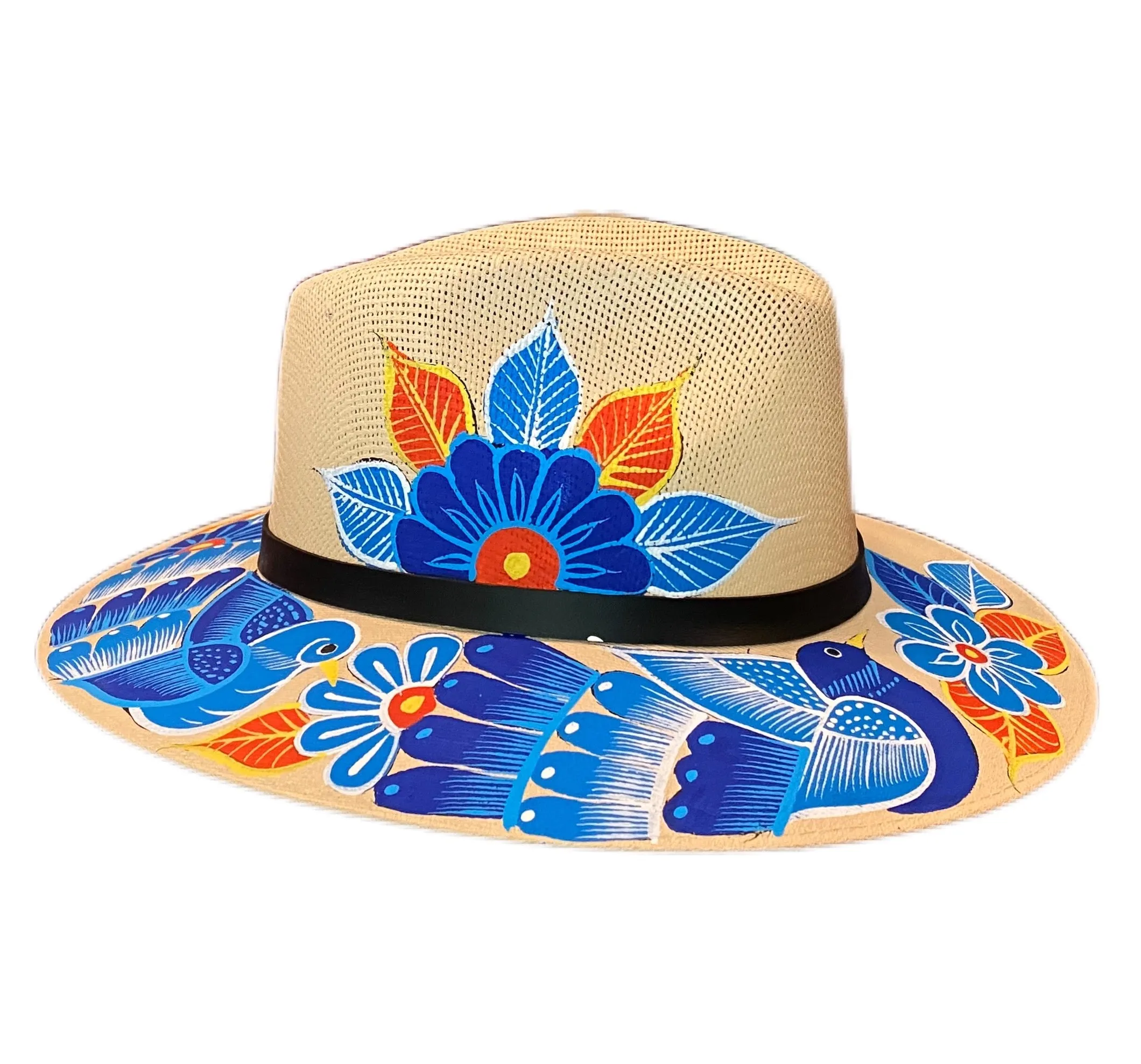 Hand-painted Hat from Mexico- Birds - Straw, Blue, Orange