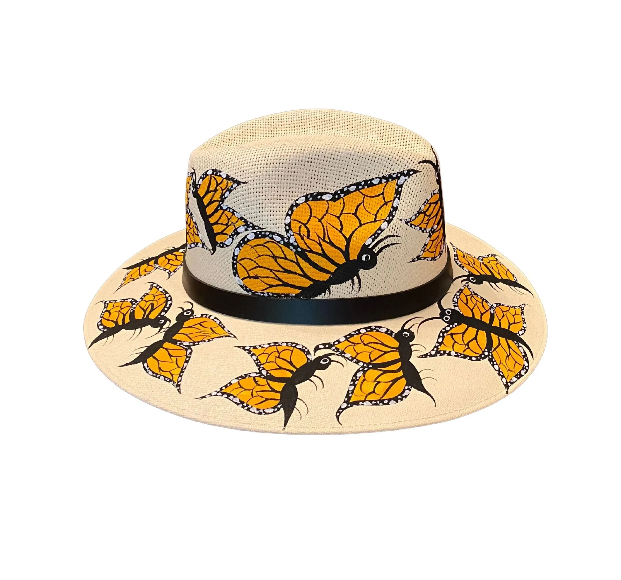 Hand-painted Hat from Mexico - Butterflies - White, Yellow, Black
